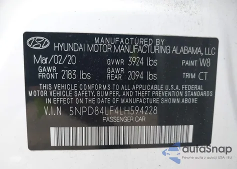 2020 Hyundai Elantra Value Edition z USA, uszkodzony, nr VIN 5NPD84LF4LH594228